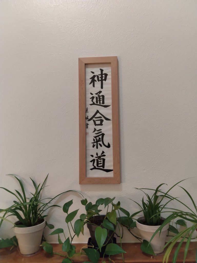 Framed Japanese calligraphy reading Shin Tsu Ai Ki Do above a row of potted plants